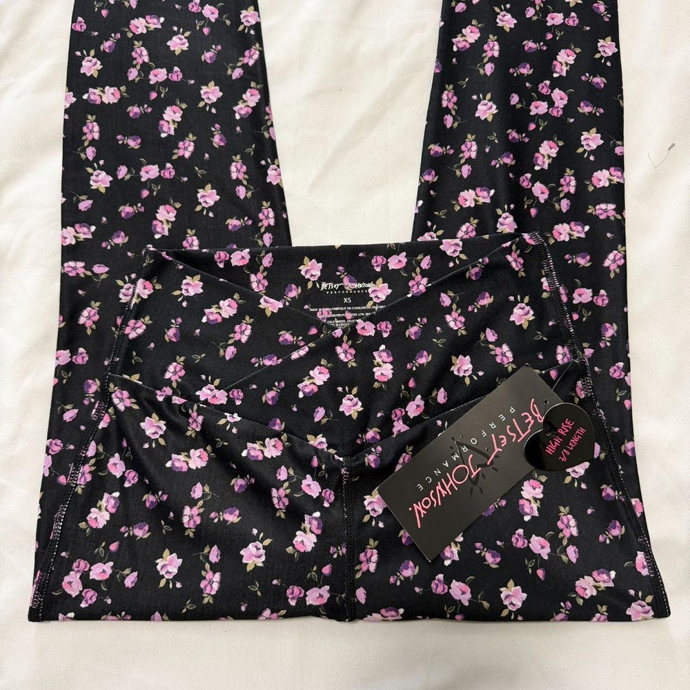 Betsey Johnson Performance Floral Crossover High Rise 7/8 Leggings XS Black Pink